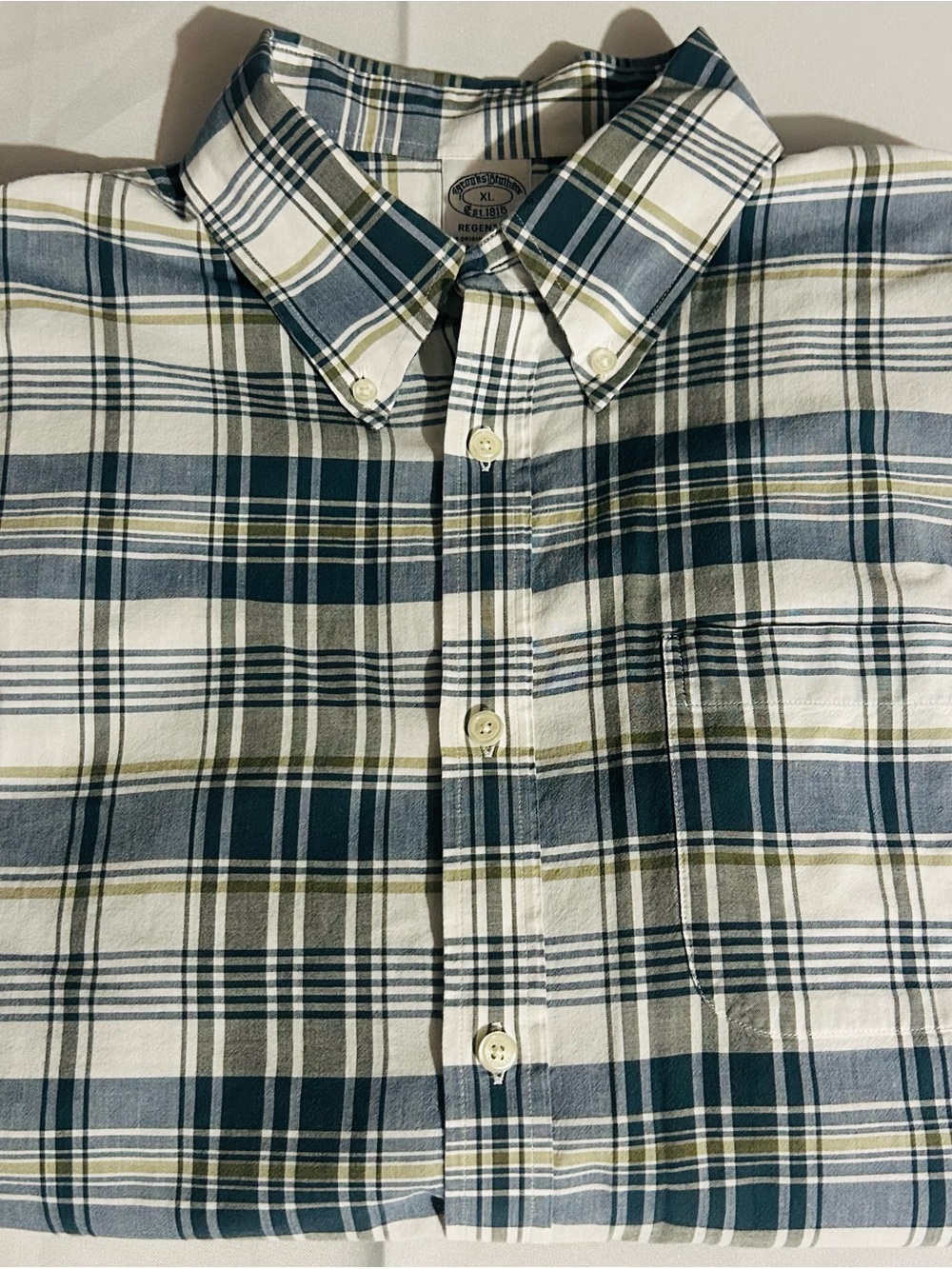 Brooks Brothers Green, White & Navy Plaid Button-Down Shirt
